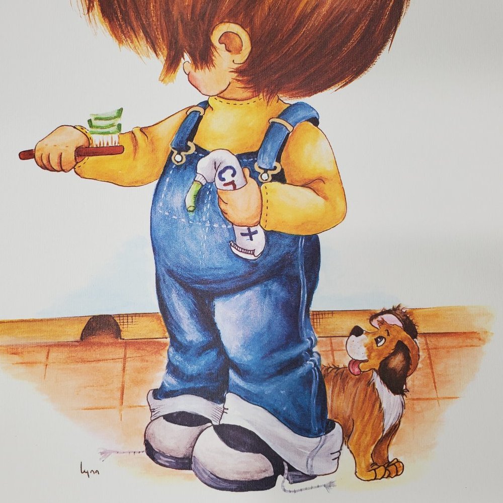 Little Boy Puppy BRUSH YOUR TEETH Art Print 11 x 14 in Vintage 1970s Watercolor
